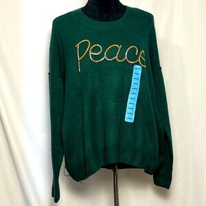 NWT Vince Camuto Forest Green Sweater with gold beading “Peace” L- XL oversized